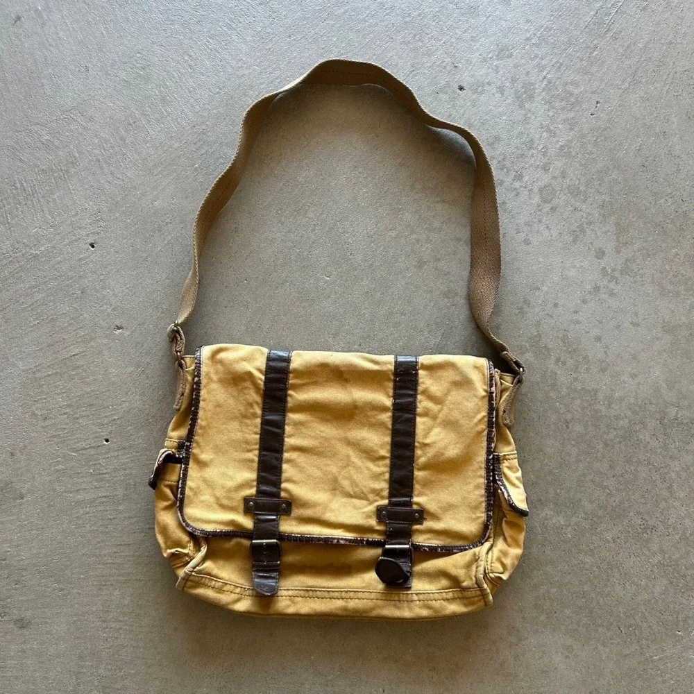Vintage Y2K Aeropostale Canvas Messenger Bag Tan Brown Leather Shoulder Bag